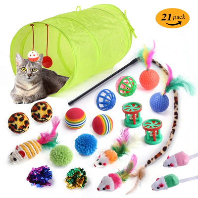 21PCS Cat Toys Kitten Toys Set,Interactive Catnip Toys Incl Cat Tunnel, Cat Feather Teaser Wand, Chew Sticks,Mice,Variety of Balls and Bells for Indoor & Outdoor Playing-Green