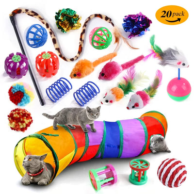 20PCS Cat Kitten Toys Set,Collapsible Cat Tunnels for Indoor Cats,Interactive Cat Feather Toy Fluffy Mouse Crinkle Balls Toys for Cat Puppy Kitty Kitten Rabbit-Rainbow
