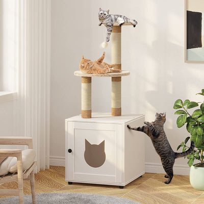 Cat Litter Box Enclosure with Litter Box Enclosure, Furniture with Tree Tower and Condo, Indoor House with Sisal Scratching Post and Soft Plush Perch, White