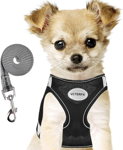 Puppy Harness and Leash Set, Cat Harness and Leash Escape Proof, No Pull No Choke Soft Mesh Pet Harness, Reflective Adjustable Puppy Vest for Small Medium Dogs, Cats (Small, Black)