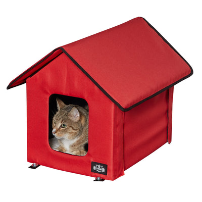 Outdoor Heated Cat House with Heating Pad and Sherpa Cover (Red)