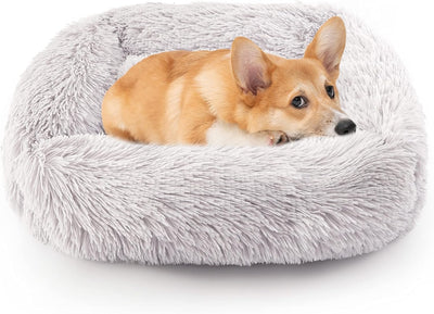 Calming Dog Bed Washable Donut Cuddler, Fluffy Faux Fur Cushion Pet Bed Cozy Soft Indoor Cat Bed, round Plush Orthopedic Dog Beds for Small Medium Large Pets (Light Gray, 24"X22")