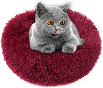 Kitten Puppy Bed Small round Dog Cat Beds anti Anxiety Plush Pet Calming Donut Bed with Non-Slip Waterproof Bottom, Washable (19.7", Dark Red)