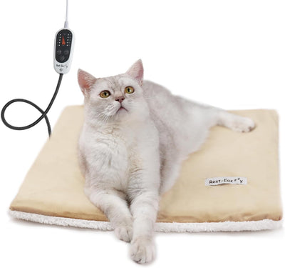 Cat Heating Pad, Cat Bed with Removable Cover Heated Cat Bed 5 Level Timer and 5 Level Temperature, Cat Beds for Indoor Warming Mat for Cat Dog (Heat Pad, Pure-Beige)