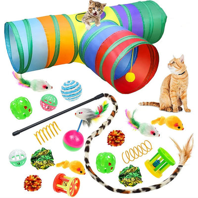 20PCS Cat Kitten Toys Set,Collapsible Cat Tunnels for Indoor Cats, Interactive Cat Feather Toy Fluffy Mouse Crinkle Balls Cat 3 Way Tube Tunnel Toys for Cat Puppy Kitty Kitten-Rainbow B