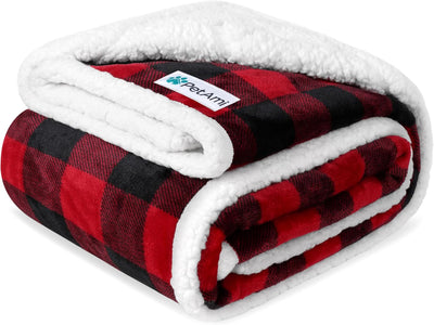 Waterproof Dog Blanket for Medium Large XL Dog Puppy Cat Throw for Couch Cover Leakproof Protection, Sherpa Fleece, Reversible Soft Washable 80X60 Checker Plaid Red